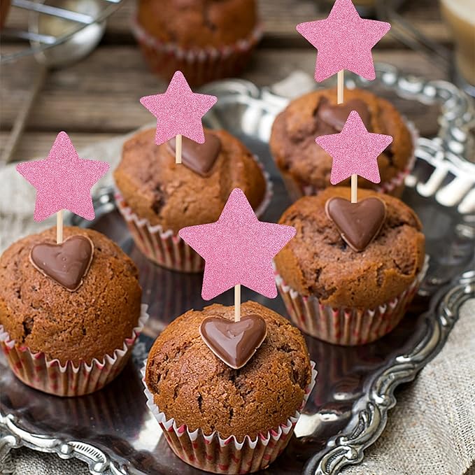 30 PCS Little Star Cupcake Toppers Glitter Twinkle Star Cupcake Picks Wedding Engagement Bridal Shower Baby Shower Birthday Party Cake Decorations Supplies Mixed Size Pink