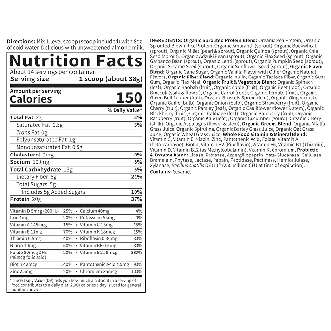 Garden of Life Meal Replacement Shakes, Vegan, Raw, Organic, Lightly Sweet Protein Powder with Plant Based Pea Protein, Sprouts, Greens, Probiotics, 14 Servings