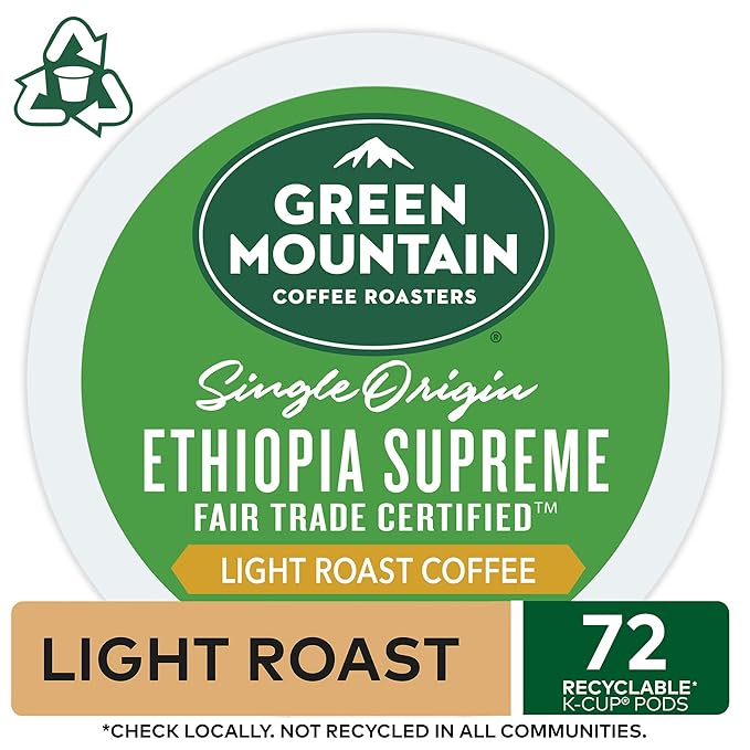 Green Mountain Coffee Ethiopia Supreme Keurig Single-Serve K Cup Pods, Light Roast Coffee, Ethiopia Supreme, 72 Count