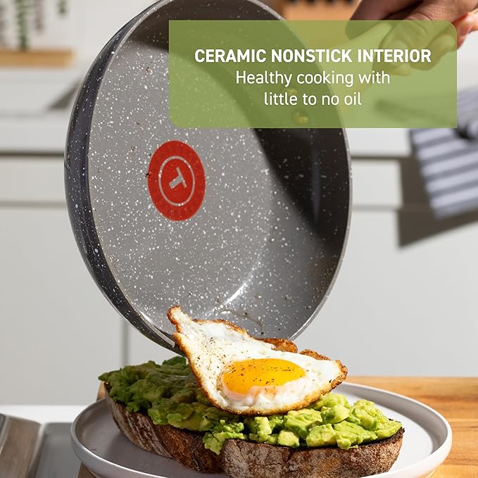 T-fal Revive Ceramic Cookware Sets, Pots and Pans Set Nonstick, (12 pieces), Ceramic Non stick Coated, Frying Pan, Oven Safe Up To 350ยฐF, Grey Granite