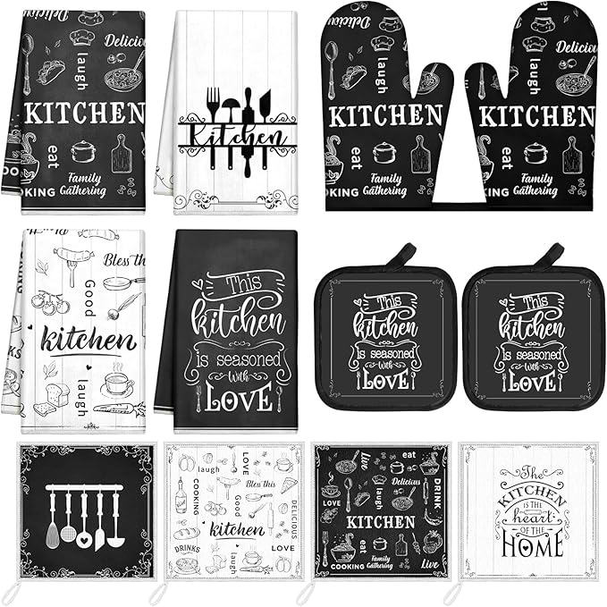 Bencailor 12 Pcs Farmhouse Kitchen Decor Sets, 8 Black Kitchen Dish Towels 2 Pot Holders 2 Oven Mitts Glove, Rustic Hand Towels and Dishcloths Sets for Home Decorations Accessories Christmas Mom Gifts