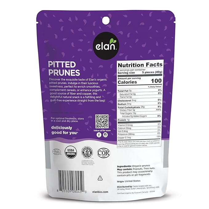 Elan Organic Pitted Prunes, Natural Dried Fruit, No Sugar Added, Sulphite-free, Non-GMO, Vegan, Gluten-Free, Kosher, Healthy Snack, Dried Plums, 8 pack of 7.9 oz