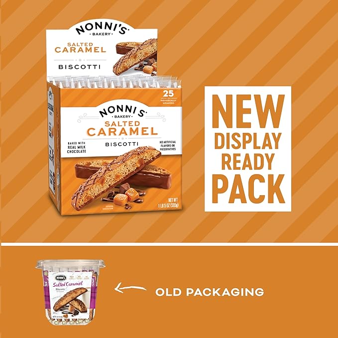 Nonni's Salted Caramel Milk Chocolate Biscotti Cookies ??Individually Wrapped Italian Coffee Snack, Crunchy Twice-Baked, 90 Cal Each, 21 oz Carton