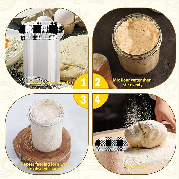 Gray White Plaid Sourdough Starter Cloth Covers Jars Or Kombucha Kefir Fermentation Cheese Fabric Lids, Gifts for Women Baker Fit Jars Mouth from 3-4 inch, 5 Pack