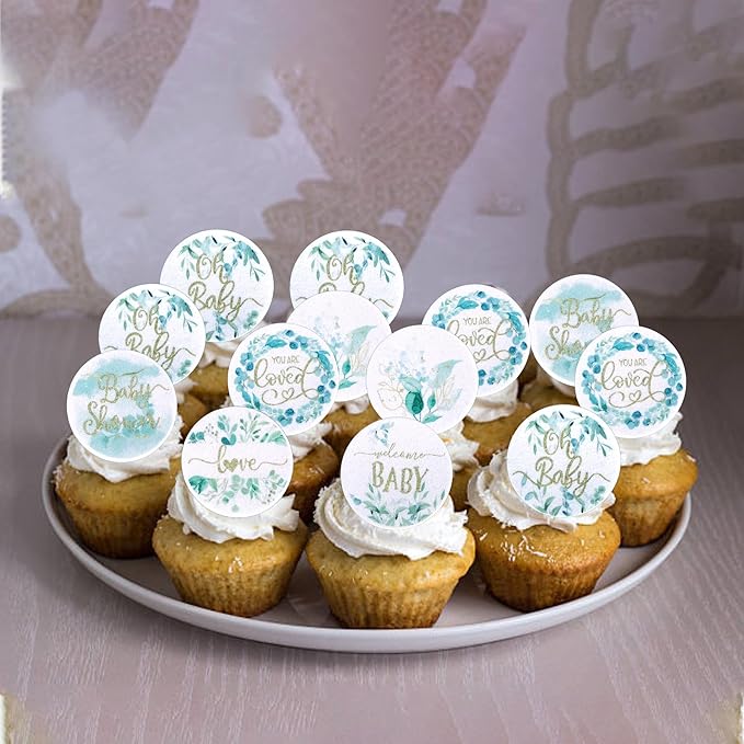 60 PCS Edible Baby Shower Cupcake Toppers Woodland Jungle Leaf Love Welcome Baby Cupcake Picks Edible Oh Baby Cake Decorations for Baby Shower Theme Gender Reveal Kids Birthday Party Supplies