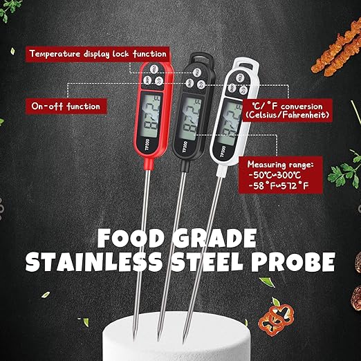 Waterproof Food Thermometer with Long Probe Digital Meat Thermometer for Water, Liquid, Candle and Cooking Instant Read for Kitchen BBQ Grill Candy(Black,White,Red)