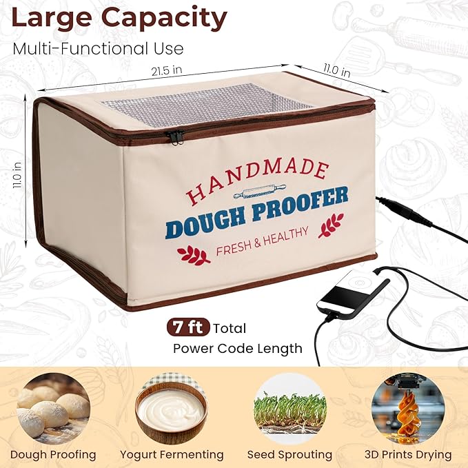 Folding Dough Proofer Box with Temp Control (50-130?? & 24H Timer, Extra Large Bread Proofing Box for Sourdough, Pizza, Yogurt, Seed Starting, 3D Filament Drying, Space-Saving & Easy to Use