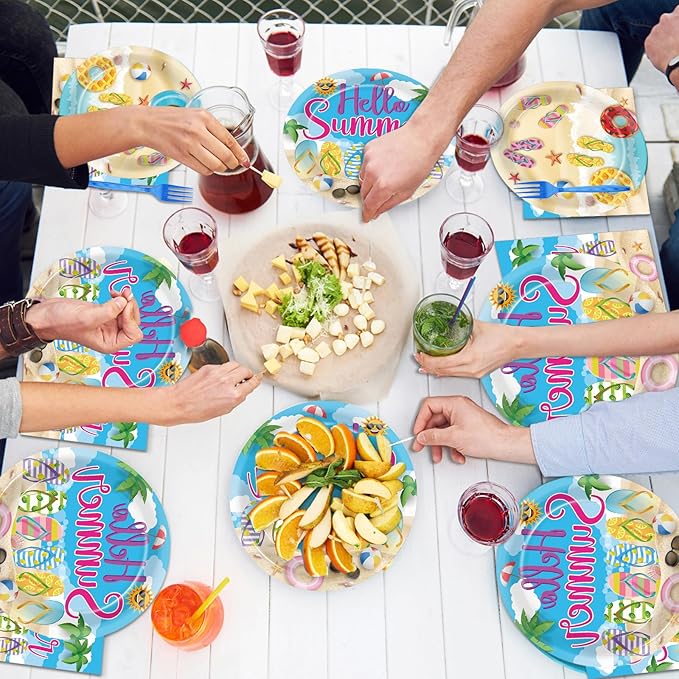 96Pcs Hello Summer Plates and Napkins Beach Party Decorations Hawaiian Tropical Disposable Paper Dessert Plates Tableware Set for 24 Guests Kids Summery Ocean Pool Birthday Party Supplies