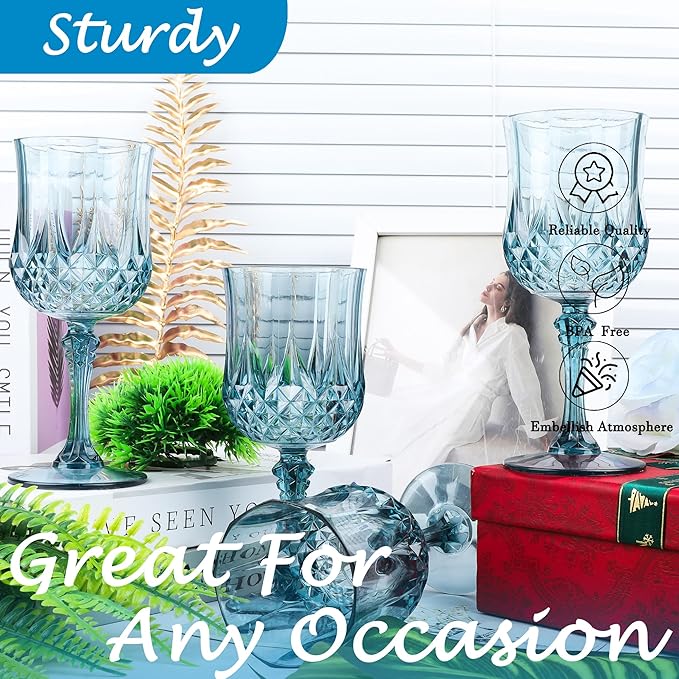 Plastic Wine Glasses,Plastic Goblets Vintage Style Cordial Drinking Glasses for Wedding Reception, Grand Event Party Supplies (24, Dusty Blue)