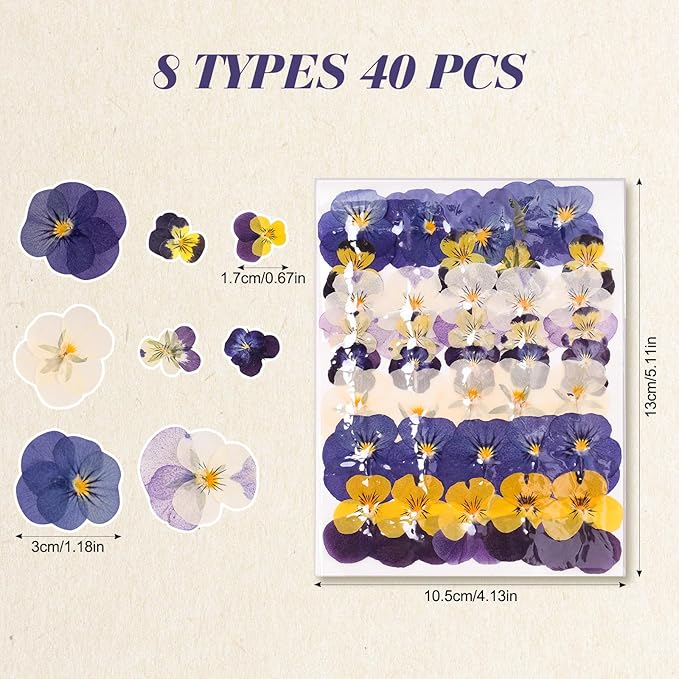 40 Pcs 8 Kinds Natural Dried Pressed Edible Flower Cupcake Toppers Purple Small Flat Cake Topper Decorating for Cocktails Resin Jewelry Making DIY Art Crafts Birthday Anniversary Decoration Supplies