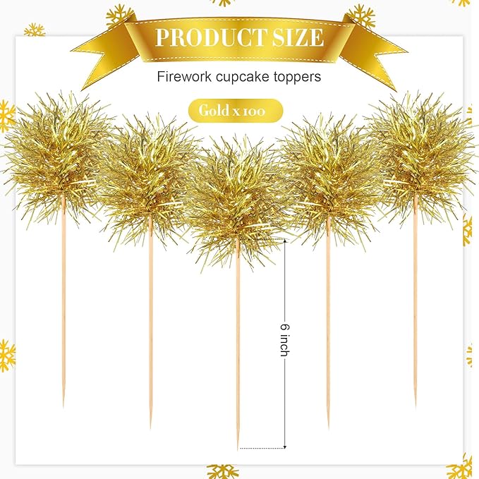 Chinco 100 Pcs Foil Firework Cupcake Toppers Sparkle Tinsel Cake Toppers Cake Decoration Cocktail Fruit Toothpick for Birthday Wedding Graduation Party(Gold)