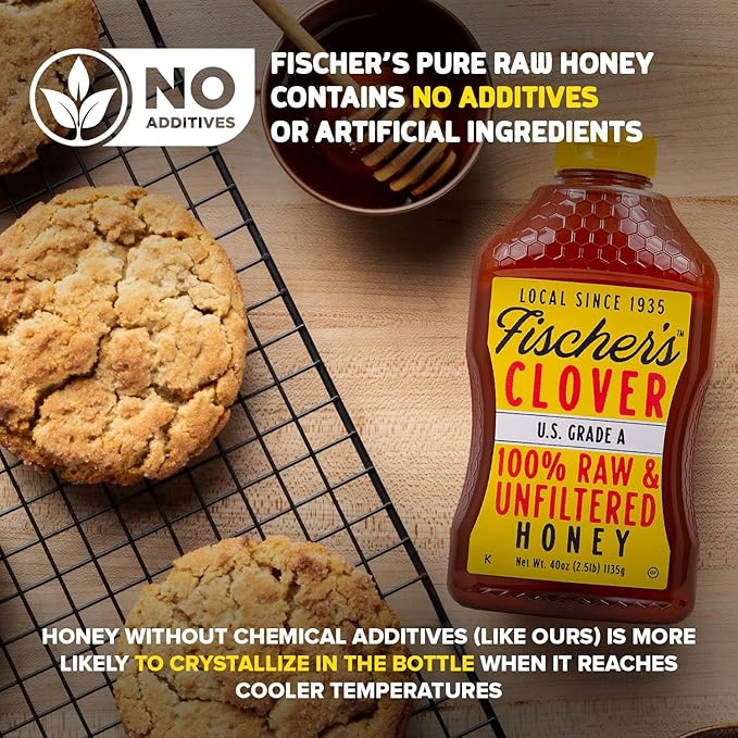 Fischer’s 100% Pure Clover Honey, 40 oz – Unfiltered Raw Honey in a Squeeze Bottle – All-Natural Sweetener – Rich Flavor Profile, Packed with Nutrients