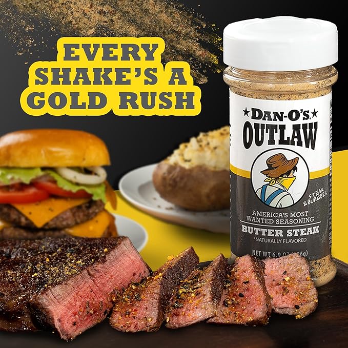 Dan-O's Outlaws Butter Steak Seasoning, 6.9 oz Bottle, All Purpose Seasoning for Steak, Chicken, Veggies and More, Sugar Free, Zero Calorie, Use this Spice Blend to Craft a Marinade, Dry Rub or Sauce