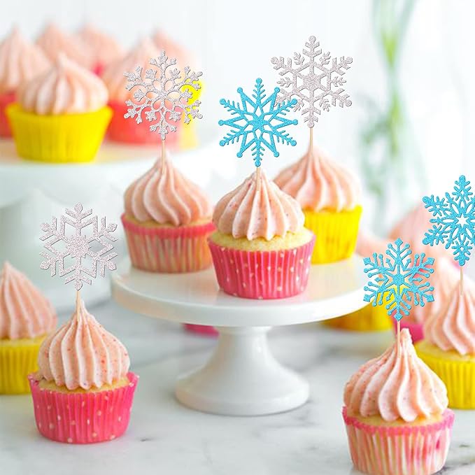 36 PCS Snowflake Cupcake Toppers Glitter Winter Frozen Theme Cupcake Picks for Winter Wonderland Snowflake Theme Baby Shower Kids Birthday Christmas Party Cake Decorations Supplies Silver Blue