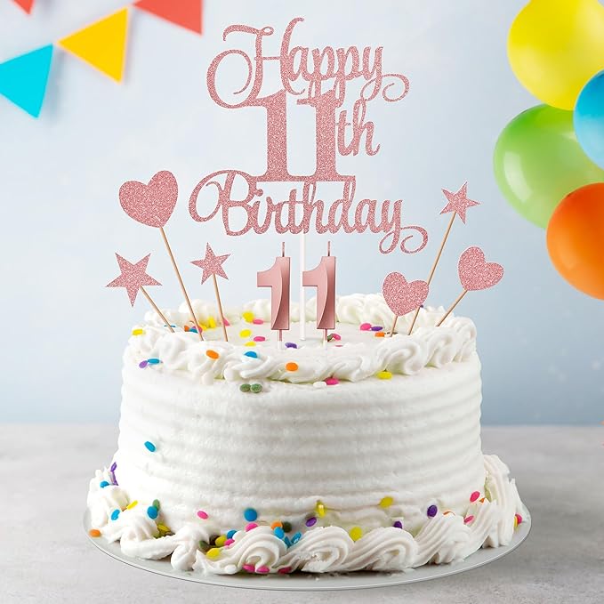 11th Birthday Cake Decorations, 11th Birthday Candles Cake Numeral Candles and Glitter Happy 11th Birthday Cake Toppers Set for Birthday Party Supplies (Rose Gold)