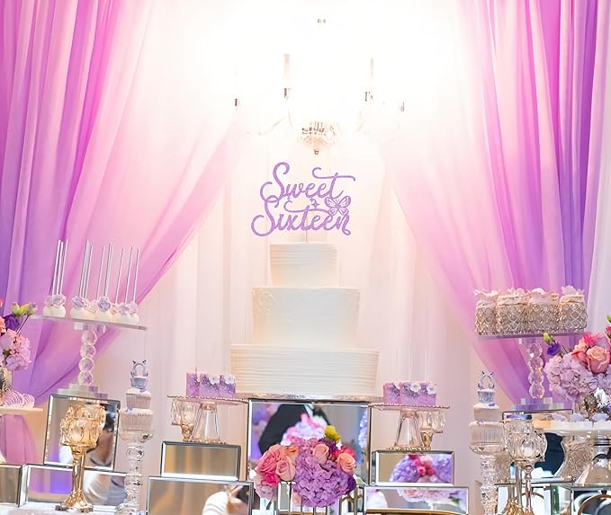 Sweet Sixteen Cake Topper - Purple Glitter Butterfly Theme Sweet 16 Birthday Cake Decorating Supplies for Girls, Sweet 16 Cake Topper for Happy 16th Birthday Anniversary Party Photo Booth Props