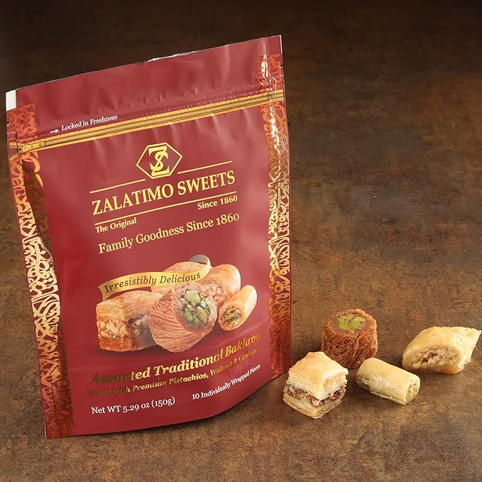 Zalatimo Sweets Since 1860, 100% All-Natural Assorted Baklava, Slightly Sweet, No Preservatives, No Additives, No Corn Starch, No Syrups! 5.3oz
