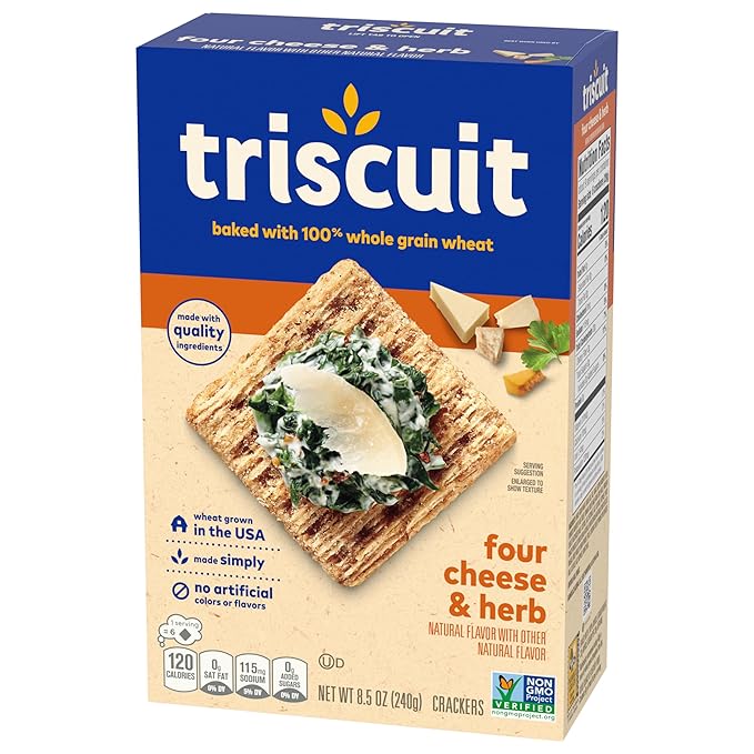 Triscuit Four Cheese & Herb Whole Grain Wheat Crackers, Lunch Snacks, Bulk Snack Crackers, 6 - 8.5 oz Boxes