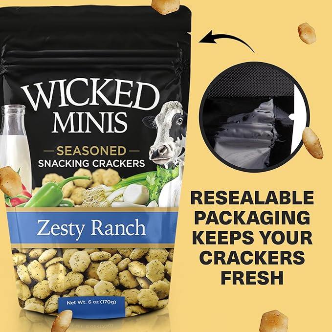 Wicked Minis Soup & Oyster Crackers - Saltine Soup Crackers Salted Flavored Mini Puffed Savory Snacking Mix, Salad Toppers, Seasoned Croutons for Chili 6oz (Zesty Ranch)