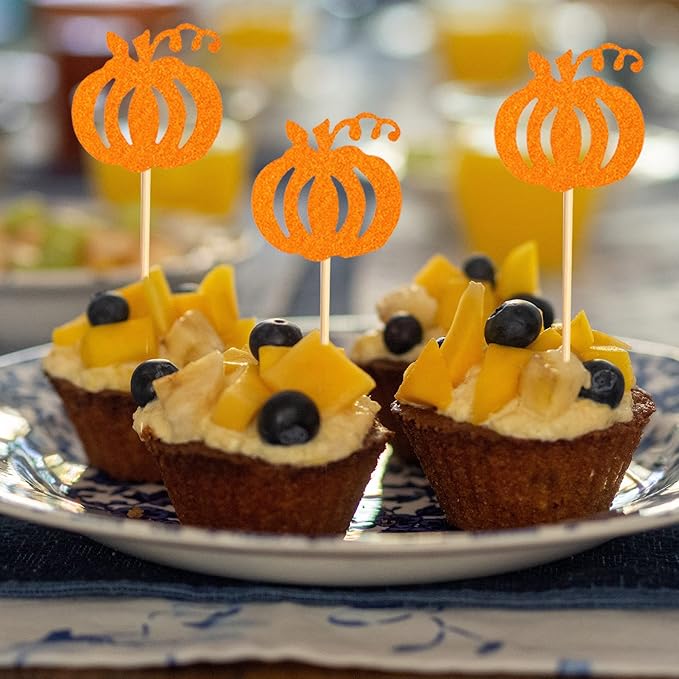 24pcs Orange Glitter Pumpkin Cupcake Toppers - Fall Theme Picks for Thanksgiving, Halloween, Birthday, Baby Shower Party Decoration Supply