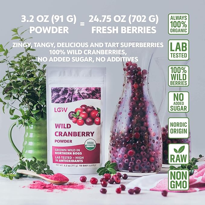 Wild Organic Freeze Dried Cranberry Powder, 3.2 Oz, 18-Day Supply, from Nordic Forests, Raw, No Added Sugar