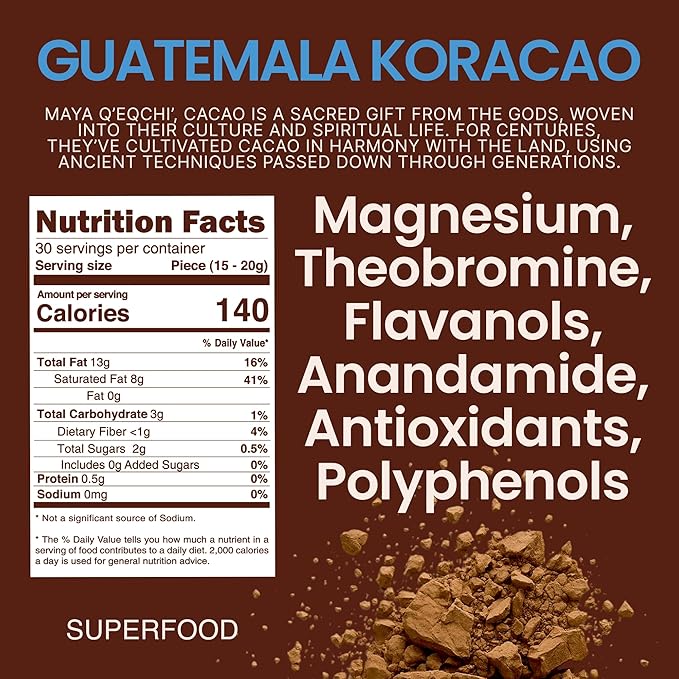 KORACAO Sustainably Harvested Guatemalan Cacao | Maya W'Eqchi Ceremonial Cacao | Ideal Superfood Drink Mix for Everyday Bliss | Enhance Your Spiritual Journey with Ancient Superfood Delight - 450g