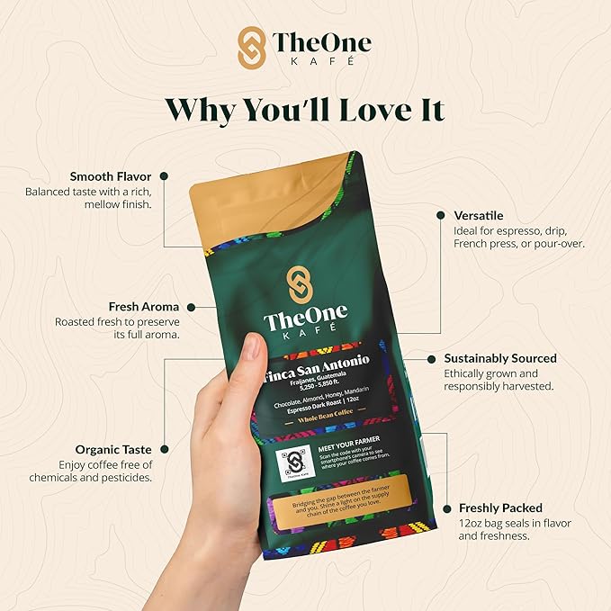 TheOne Kafé Guatemala Dark Roast Whole Bean Coffee ??Organic, Single Origin, Premium Specialty Coffee, Ethically Sourced, Smooth & Rich Flavor ??Fresh Roasted for Espresso, Drip, Pour Over ??12 oz
