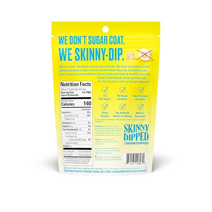 SkinnyDipped Lemon Bliss Almonds, Healthy Snack, Plant Protein, Gluten Free, 3.5 oz Resealable Bags, Pack of 5