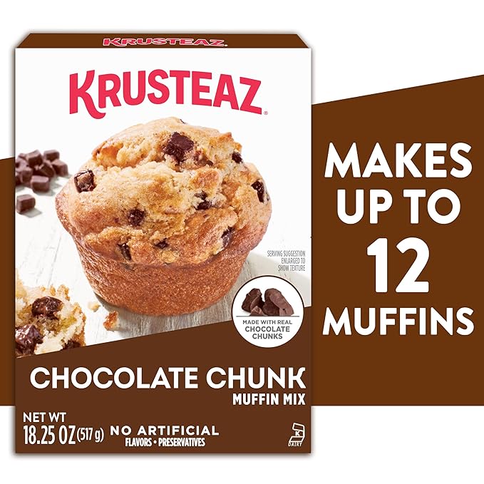 Krusteaz Chocolate Chunk Muffin Mix, With Real Chocolate, No Artificial Flavors or Preservatives, 18.25-ounce Boxes (Pack of 12)