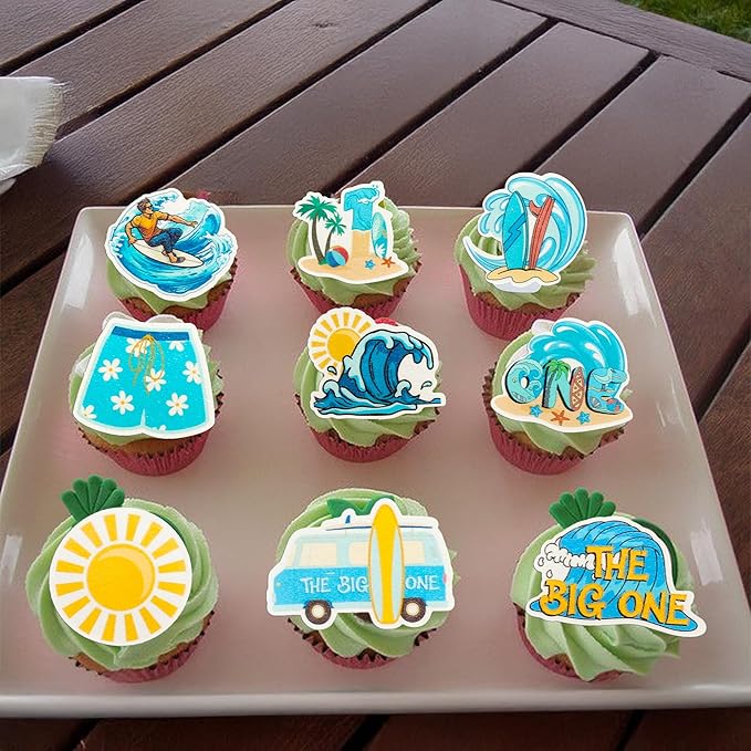 Gyufise 54Pcs Edible Surfing Cupcake Toppers Wafer Paper The Big One Surf Birthday Cake Dessert Picks Surfing 1st Birthday Decorations for Summer Hawaii Holiday Baby First Supplies Light Blue
