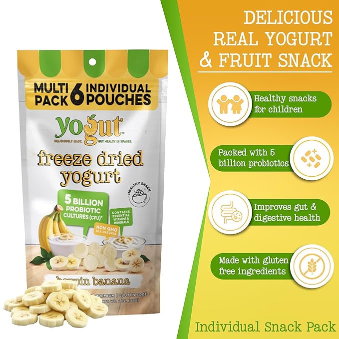 YoGut Freeze Dried Yogurt Snack, Banana, 6 Pk, Healthy Snacks for Kids, Toddlers & Adults, Gluten Free, Non GMO, With 5 Billion Live Probiotics, Vitamins & Minerals, Individual Snack Packs