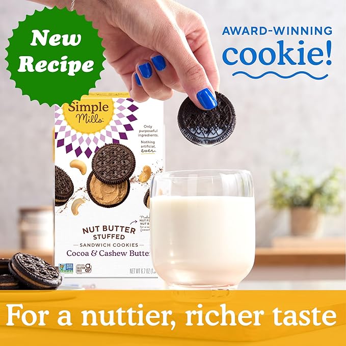 Simple Mills Nut Butter Stuffed Sandwich Cookies, Cocoa Cashew Crème, Nothing Artificial, Vegan Friendly, Kosher, Gluten Free & Non-GMO, 6.7 Ounce (Pack of 8)