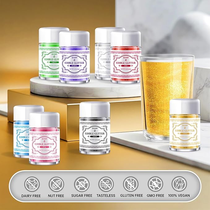 Edible Glitter for Drinks ??8 Colors Luster Dust, Food Grade Cocktail Shimmer Powder for Cakes, Beverages, Chocolate & Candy, 5g/Bottle