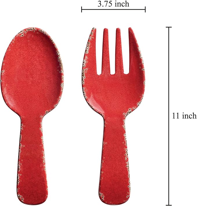 UPware Crackle Melamine Salad Servers, Serving Utensil Set, Includes Serving Fork and Spoon for Tossing Salad, Pasta, Red, 10.75 Inch, Set of 2