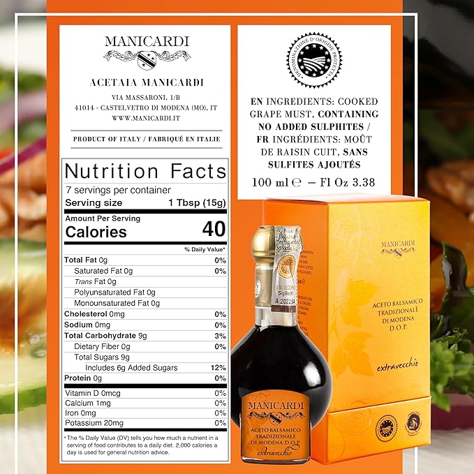 MANICARDI Extra Aged Balsamic Vinegar of Modena PDO - 25 Years - Perfect for Snacks, Pasta, Vegetables, Salad Dressings and Meat - Made in Italy - 3.38 Fl Oz (100 ml)