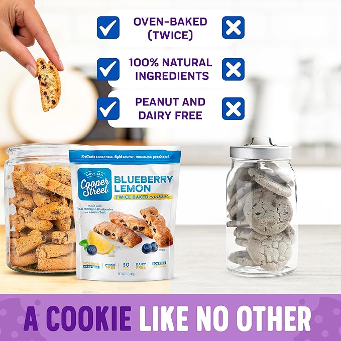Cooper Street Italian Biscotti Cookies - Twice Baked Biscotti Style Cookie Biscuits in Delicious Blueberry Lemon Flavor | Crispy, Light and Healthy Cookies | Peanut & Dairy Free | 1.25 oz - 24 Pack