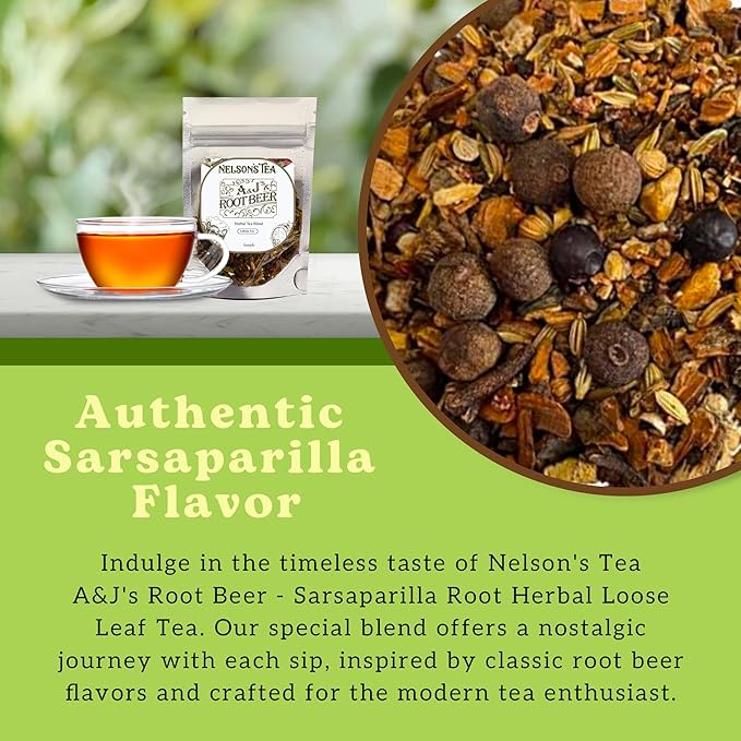 Nelson's Tea A&J's Root Beer - Sarsaparilla Root Herbal Loose Leaf Tea - A Harmonious Blend of Flavorful Ingredients like Sarsaparilla, Burdock Root, Birch Bark (Sample)