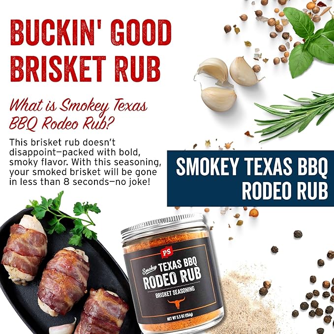 PS Seasoning Texas-Style Brisket Rodeo Rub - Dry BBQ Rubs and Spices for Grilling, Smoking, Roasting - Smoky Texas Flavor, BBQ Seasoning Spice Blend for Beef Brisket, Steak, Pulled Pork, Chicken