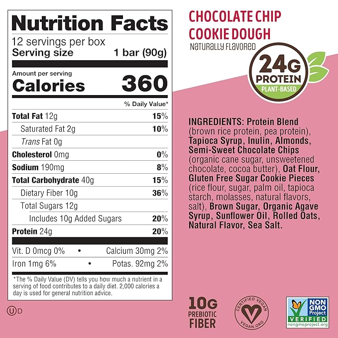 Lenny & Larry's Cookie-fied BIG BAR ??Chocolate Chip Cookie Dough Vegan Protein Bars 12x90g ??Healthy Snacks, 24g Plant Protein & 10g Prebiotic Fiber ??Gluten free Power Bar, Keto Friendly & Vegan