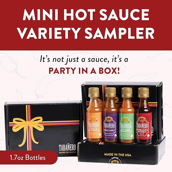 Taba챰ero Variety Hot Sauce Gift Set, 4 Pack, Kit Includes Peach Bourbon, Sriracha Honey, Key Lime Habanero, Sweet & Spicy, 1.7 oz Mini Glass Bottles, All Natural, Gluten Free, Low Sodium, Vegan, Kosher, Made in the USA