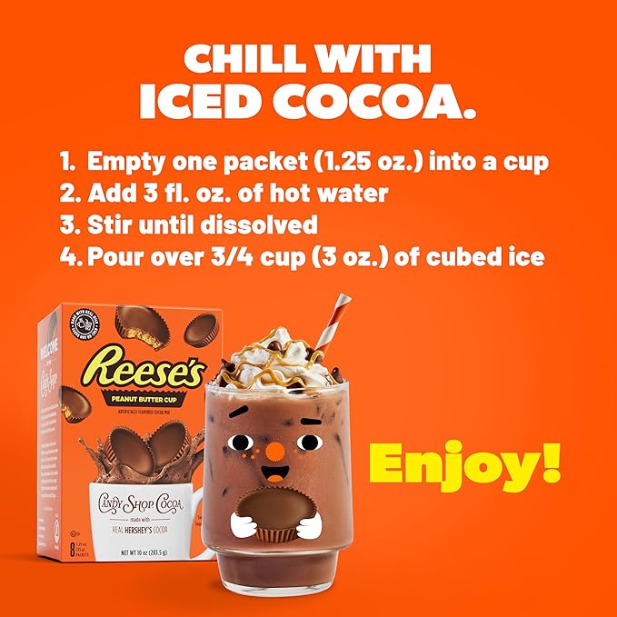 Candy Shop Cocoa REESE'S Peanut Butter Cup Cocoa Mix Hot Chocolate Make Hot or Iced Cocoa Made With Real Milk Gluten Free 1.25 oz packet (8 count)