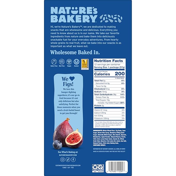 Nature?™s Bakery Whole Wheat Fig Bars, Blueberry, Real Fruit, Vegan, Non-GMO, Snack bar, 7 boxes with 12 twin packs (84 twin packs)