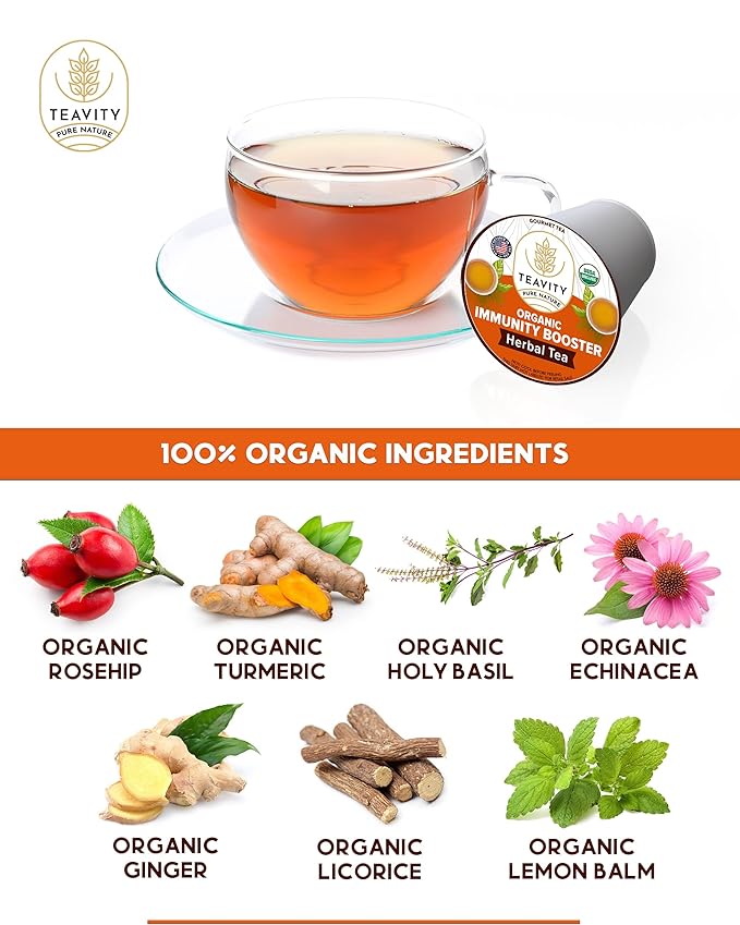 Organic Ginger Tea Pod with Echinacea, Turmeric, and Licorice for Keurig, Decaf by Teavity (24 Tea Pods)
