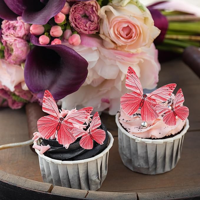 72PCS Edible Cupcake Toppers - Butterfly Cake Decoration - Edible Butterfly Cupcake Picks for Baby Shower, Kids Birthday Party - Rose Red