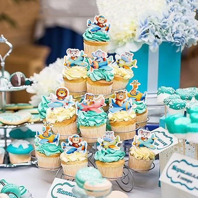 40Pcs Edible Airplane Cupcake Toppers Wafer Paper Animal Birthday Decorations Cupcake Toppers for Kids Boys Girls Cute Animal Theme Baby Shower Kids Boys Party Decorations