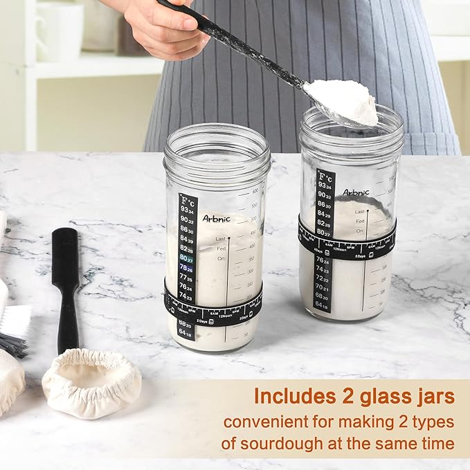 Sourdough Starter Kit with 2 Starter Jars, Sourdough Bread Baking Supplies Included Thermometer Band, Level Tracker (with 2 Jars)