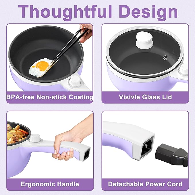 Dezin Hot Pot Electric Upgraded, Non-Stick Saut챕 Pan, Rapid Noodles Electric Pot, 1.5L Mini Portable Hot Pot for Steak, Egg, Fried Rice, Ramen, Oatmeal, Soup with Power Adjustment