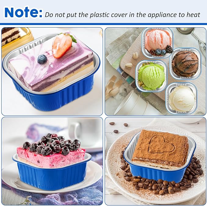 Aoriher 150 Pieces 10 oz Mini Cake Pans with Lids Aluminum Foil Baking Cups Square Disposable 4" x 4" Large Cupcake Cups Baking Tins for Kitchen Brownie Pudding Desserts Holders(Blue)