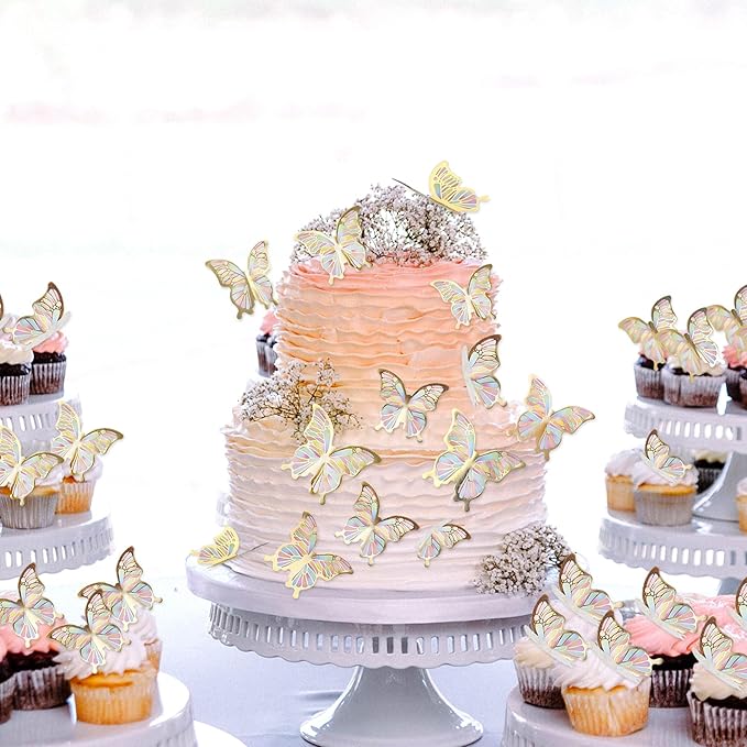 30pcs Color Gold Edge Mixed Size Lively 3D Waterproof Butterfly Cupcake Topper for Girls Women's Happy Birthday Wedding Party Cake Wall Party Food Decorations