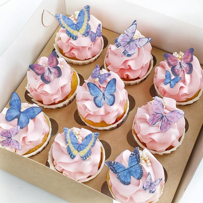 Morofme 40Pcs Wafer Paper Butterfly Cupcake Toppers Edible Butterflies Cake Decorations Butterflies Themed Cake Toppers Mixed Sizes for Birthday Baby Shower Party